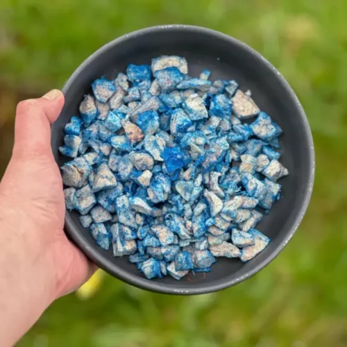 Hokuo gevriesdroogde kip & blauwe spirulina in een bak op een groene achtergrond.