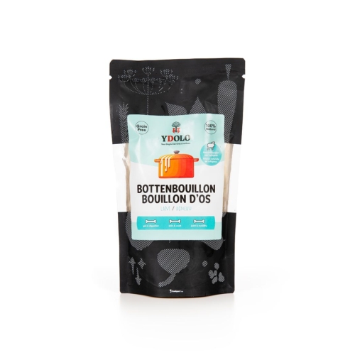Ydolo healthy & pure bottenbouillon lam op een witte achtergrond