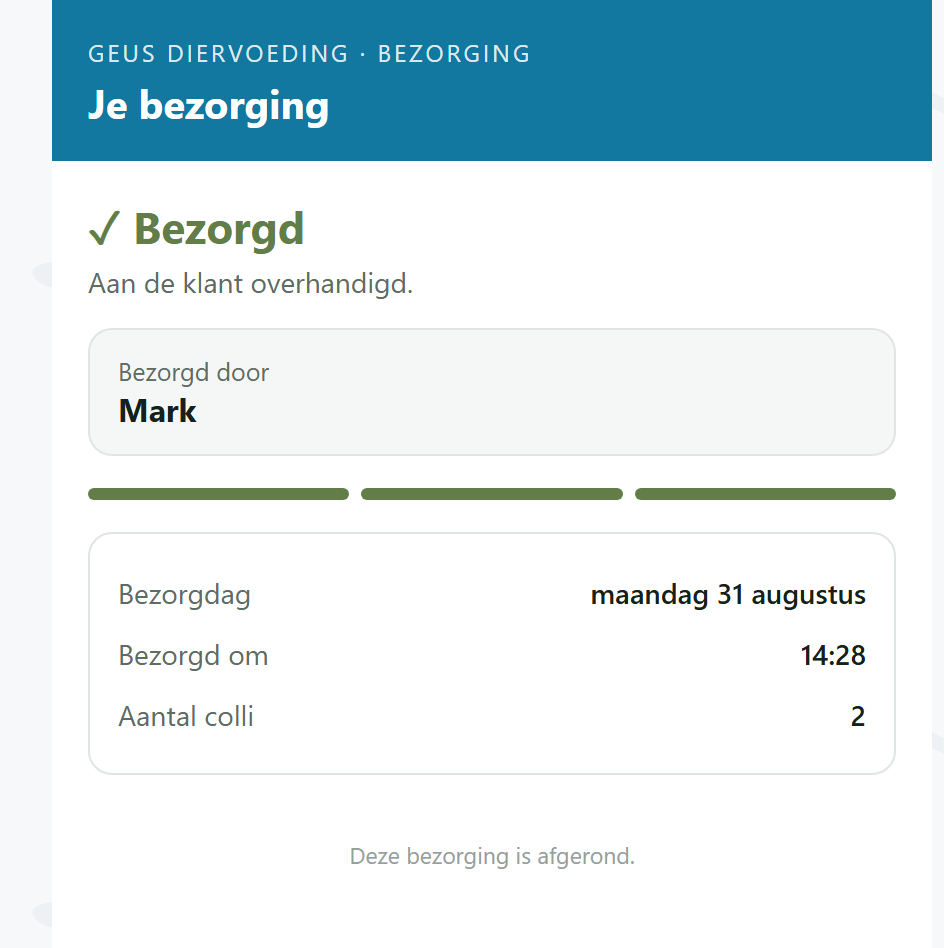 Volgpagina met de bevestiging dat de bestelling is bezorgd en hoe laat