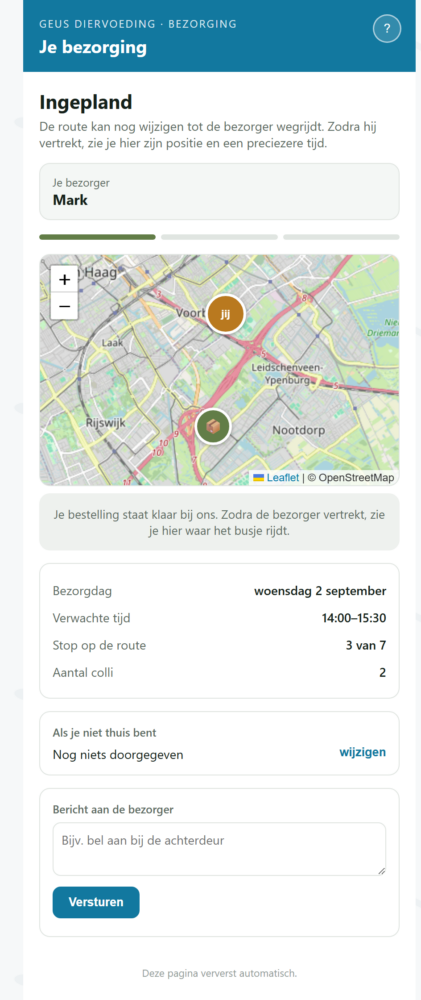 Volgpagina met de status Ingepland, een kaart met ons magazijn en het eigen adres