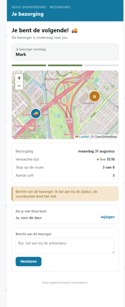 Bezorging volgen: kaart met het busje van de bezorger en het eigen adres