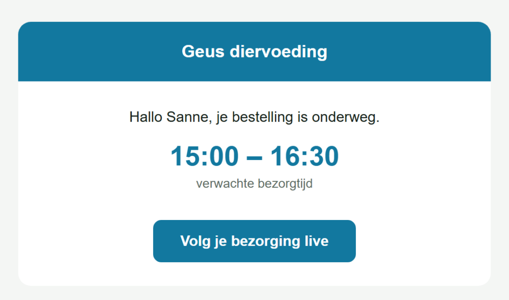 E-mail met de verwachte bezorgtijd en een knop om de bezorging live te volgen