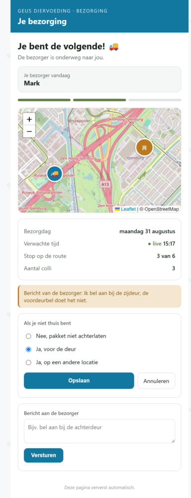 Keuzescherm om door te geven of het pakket achtergelaten mag worden