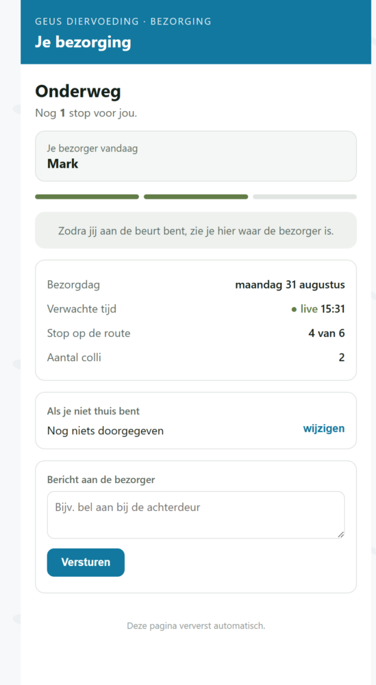 Volgpagina met de status Onderweg en het aantal stops voor je