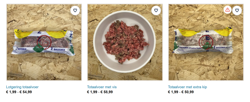 Categorieoverzicht met een rood waarschuwingsdriehoekje op het product met kip