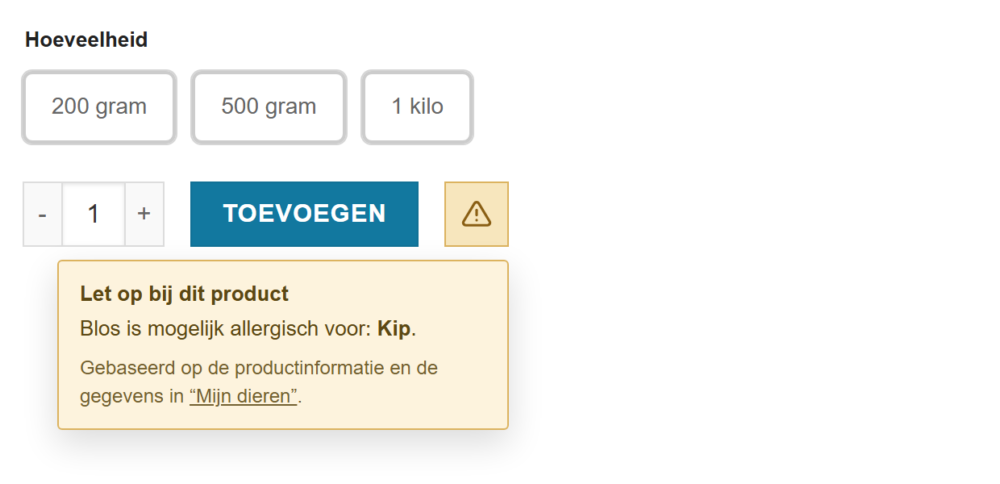 Productpagina met een geel driehoekje naast de bestelknop en de uitleg erbij