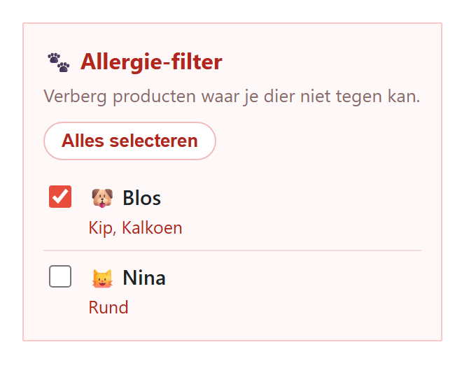Blok Allergie-filter bovenaan de filterbalk met per dier een aanvinkvakje