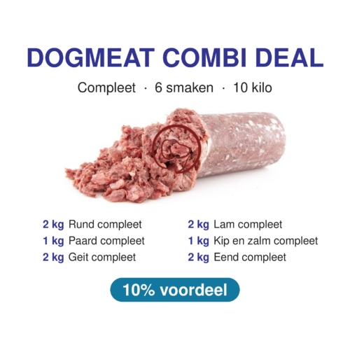 Dogmeat combi deal compleet: 10 kilo vers vlees in 6 smaken (rund, lam, paard, kip en zalm, geit, eend) met 10% voordeel